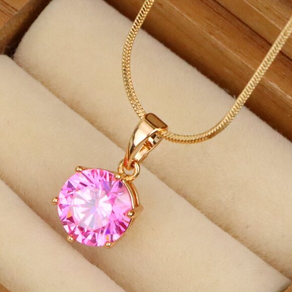 "Pink Round Pendant in Rose Gold with Sparkling Faceted Stone, XPPT1499 - Picture 1 of 13